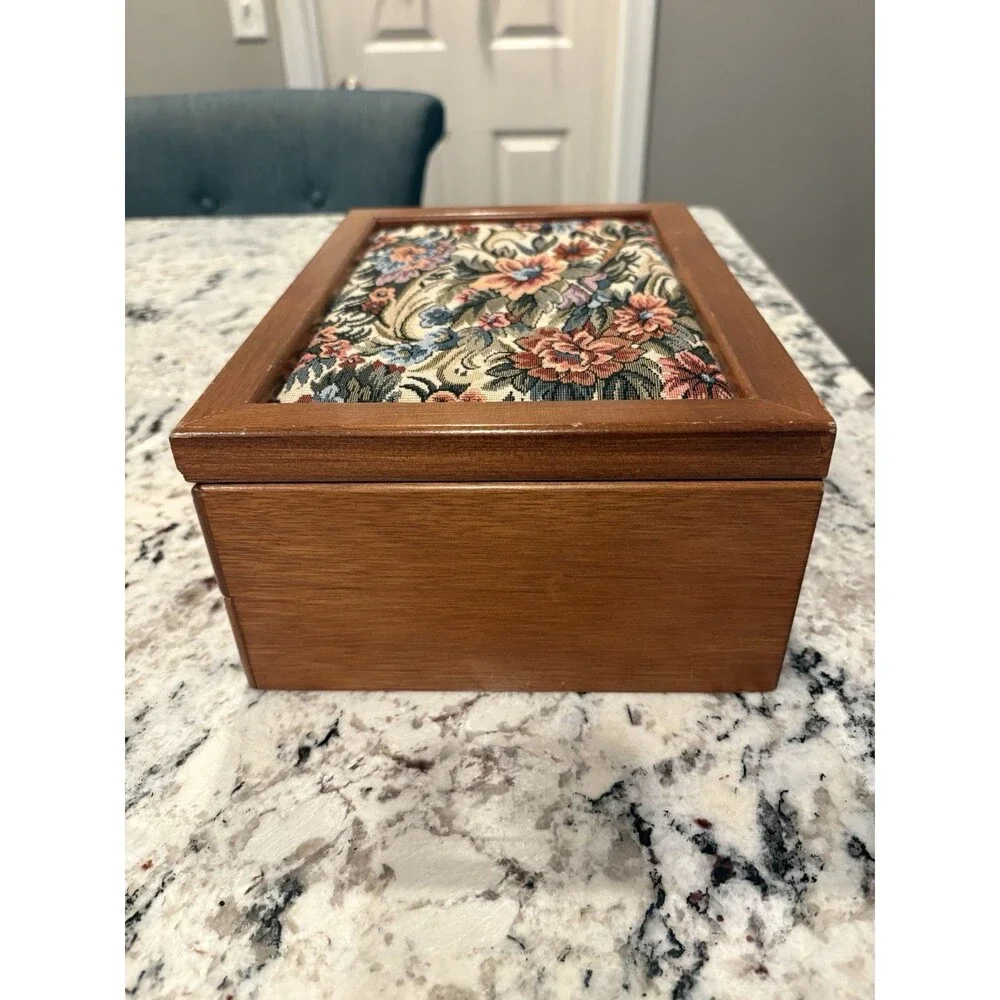 Vintage Floral Tapestry Top Wood Hinged Jewelry Box Pink Velvet Lining Drawer